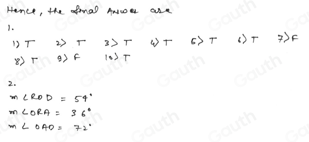 Hence, the afmal Anwer are 
1. 
1) T 2) r 3>T T 6) T ()T ) F
8) T 9) F 10>T
2.
m ∠ ROD=54°
m∠ ORA=36°
m∠ OAD=72°