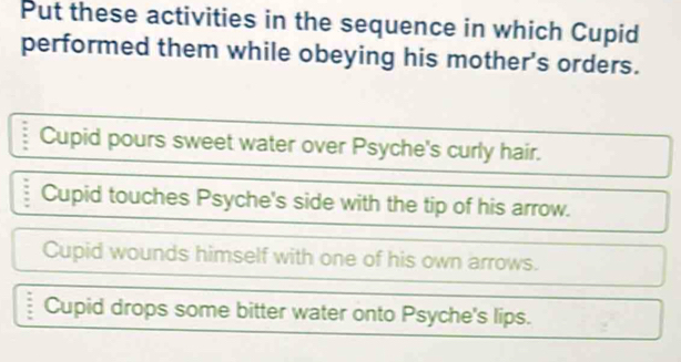 Put these activities in the sequence in which Cupid 
performed them while obeying his mother's orders.