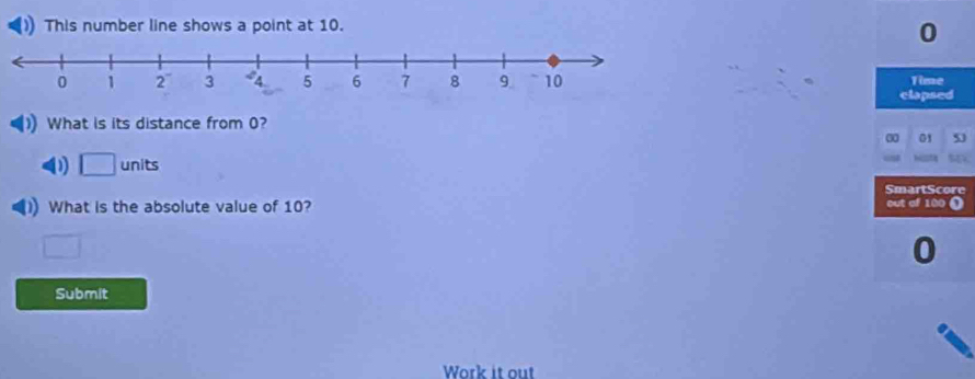 )) This number line shows a point at 10.
0
Time 
clapsed 
)) What is its distance from 0?
30 01 5
□ units 
SmartScore 
)) What is the absolute value of 10? out of 100 (
□
0
Submit 
Work it out