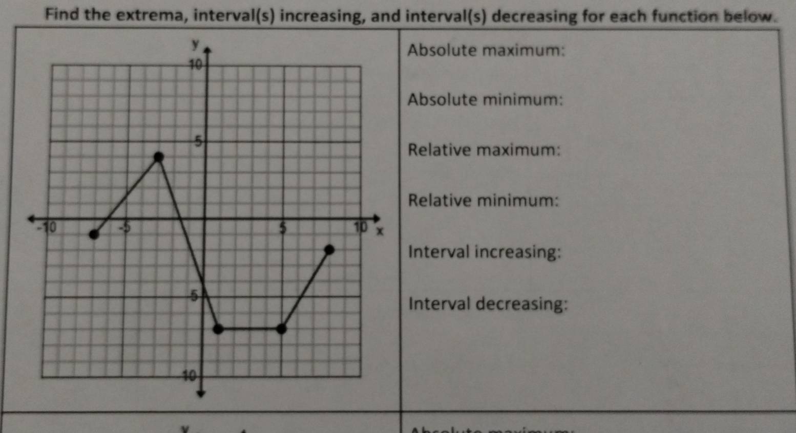 Find the extrema, interval(s) increasing, and interval(s) decreasing for each function below. 
Absolute maximum: 
Absolute minimum: 
Relative maximum: 
Relative minimum: 
Interval increasing: 
Interval decreasing: