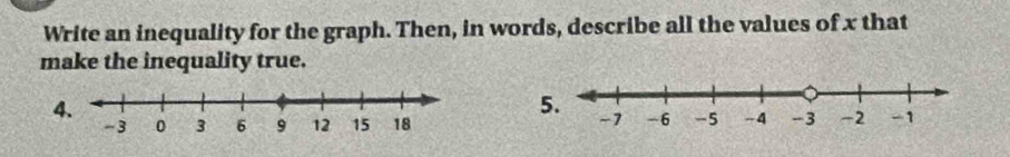 Write an inequality for the graph. Then, in words, describe all the values of x that 
make the inequality true. 
5.