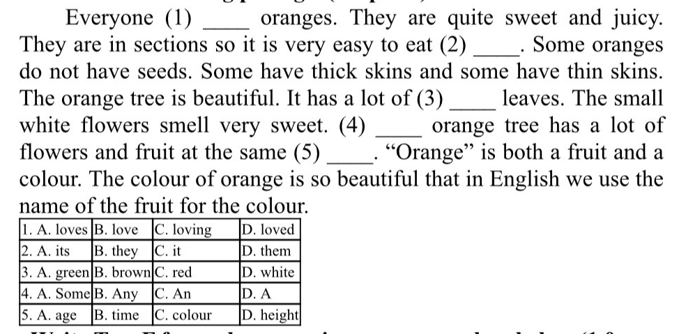 Everyone (1) _oranges. They are quite sweet and juicy. 
They are in sections so it is very easy to eat (2) _. Some oranges 
do not have seeds. Some have thick skins and some have thin skins. 
The orange tree is beautiful. It has a lot of (3) _leaves. The small 
white flowers smell very sweet. (4) _orange tree has a lot of 
flowers and fruit at the same (5) _. “Orange” is both a fruit and a 
colour. The colour of orange is so beautiful that in English we use the 
name of the fruit for the colour.