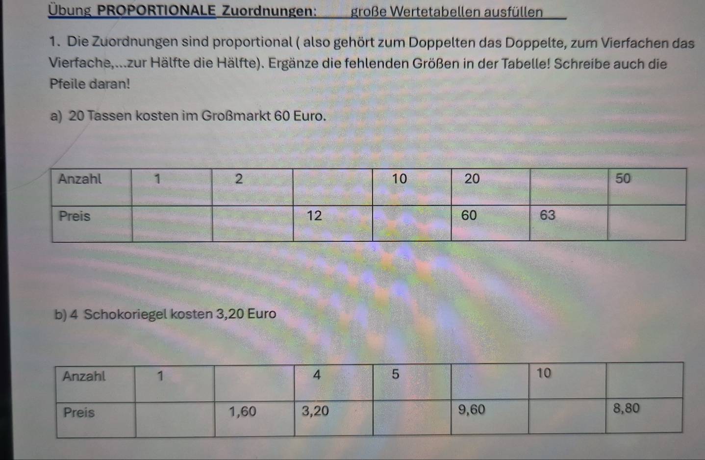 Übung PROPORTIONALE Zuordnungen: große Wertetabellen ausfüllen 
1. Die Zuordnungen sind proportional ( also gehört zum Doppelten das Doppelte, zum Vierfachen das 
Vierfache,...zur Hälfte die Hälfte). Ergänze die fehlenden Größen in der Tabelle! Schreibe auch die 
Pfeile daran! 
a) 20 Tassen kosten im Großmarkt 60 Euro. 
b) 4 Schokoriegel kosten 3,20 Euro