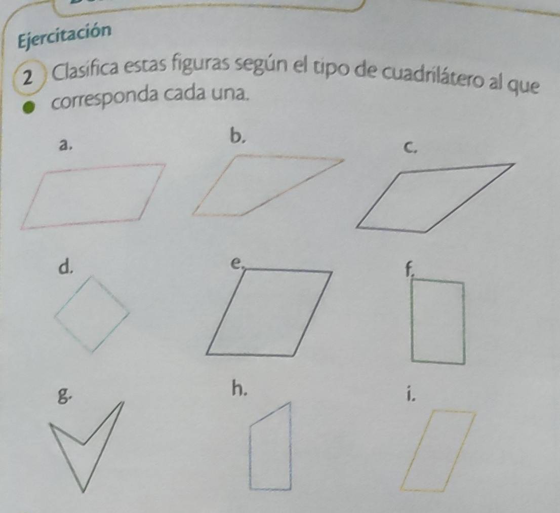 Ejercitación
2 Clasifica estas figuras según el tipo de cuadrilátero al que
corresponda cada una.
a.
b.
C.
d.
h.
i.