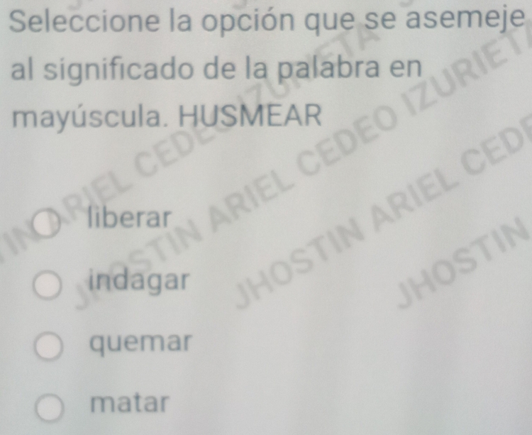 Seleccione la opción que se asemeje
al significado de la palabra en
mayúscula. HUSMEAR
liberar

indagar
quemar
matar