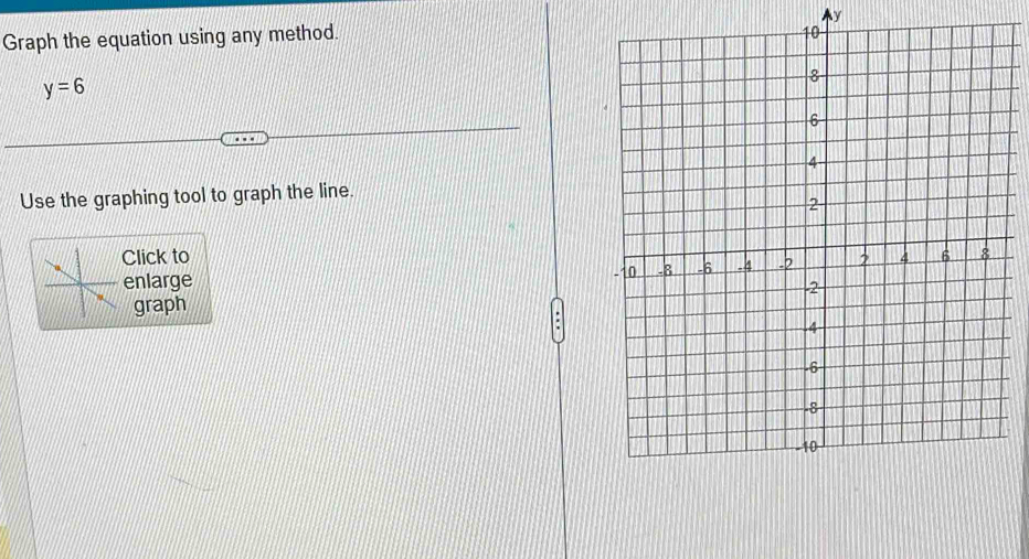 Graph the equation using any method. y
y=6
Use the graphing tool to graph the line. 
Click to 
enlarge 
graph