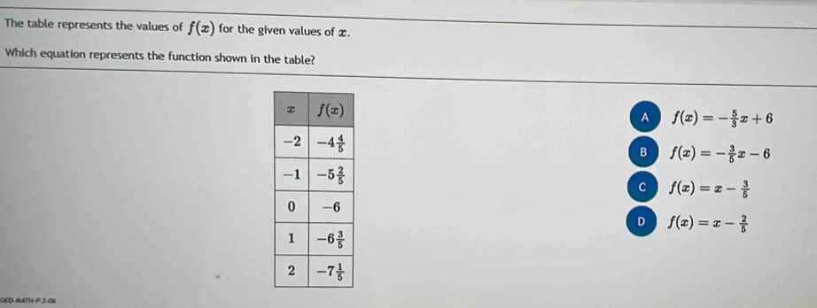 The table represents the values of f(x) for the given values of x.
Which equation represents the function shown in the table?
A f(x)=- 5/3 x+6
B f(x)=- 3/5 x-6
C f(x)=x- 3/5 
D f(x)=x- 2/5 
GED-MATH P-3-06