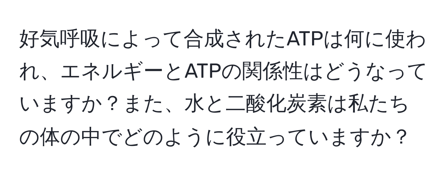 好気呼吸によって合成されたATPは何に使われ、エネルギーとATPの関係性はどうなっていますか？また、水と二酸化炭素は私たちの体の中でどのように役立っていますか？