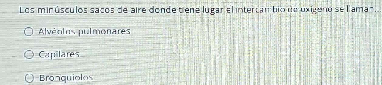 Los minúsculos sacos de aire donde tiene lugar el intercambio de oxigeno se llaman.
Alvéolos pulmonares
Capilares
Bronquiolos