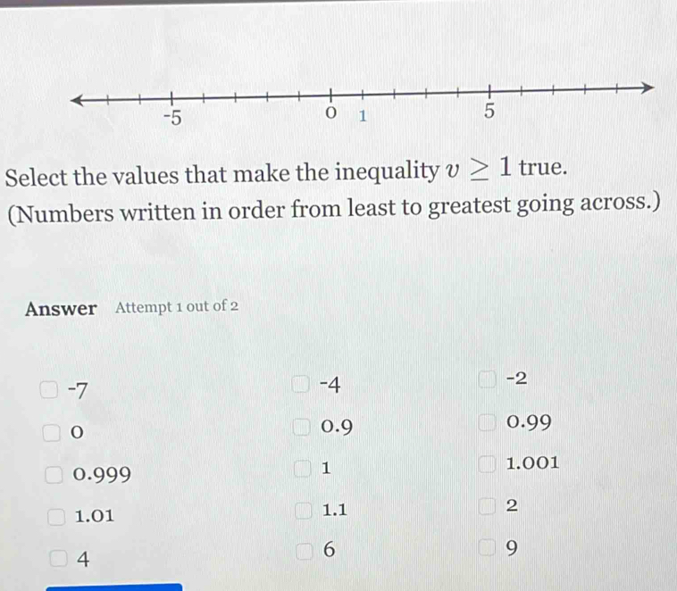 Select the values that make the inequality v≥ 1 true.
(Numbers written in order from least to greatest going across.)
Answer Attempt 1 out of 2
-2
-7
-4
0
0.9 0.99
1
0.999 1.001
1.01 1.1 2
4
6
9