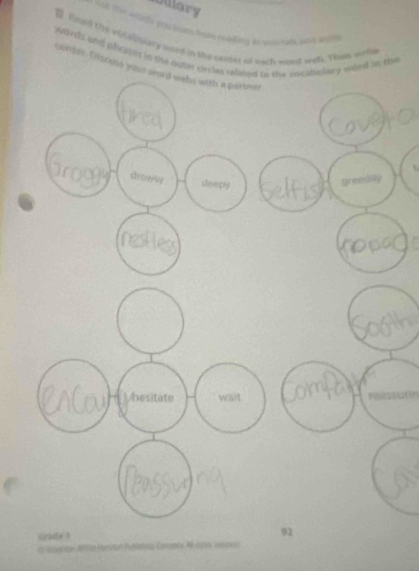 Uulary
se the weitls you loure trai reading ao your tath was soring
a foad the votebgiety wold in the senter of each waed wel. Than wrke
words and phrises in the outer circles relited to the encaledary word in the
onter. Discuns your word wehs with a pertn
U
1. . .
drowsy sleepy
Mhesitate wait
Gradle 3
92
de Iaepton Atcn Mesntart Publating Compary, Al rgss ioncovo