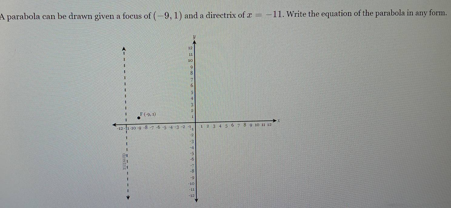 A parabola can be drawn given a focus of (-9,1) and a directrix of x=-11. Write the equation of the parabola in any form.