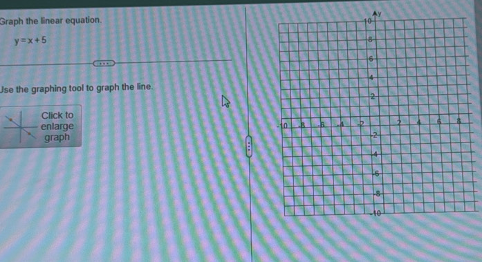 Graph the linear equation.
y=x+5
Use the graphing tool to graph the line. 
Click to 
enlarge 
graph