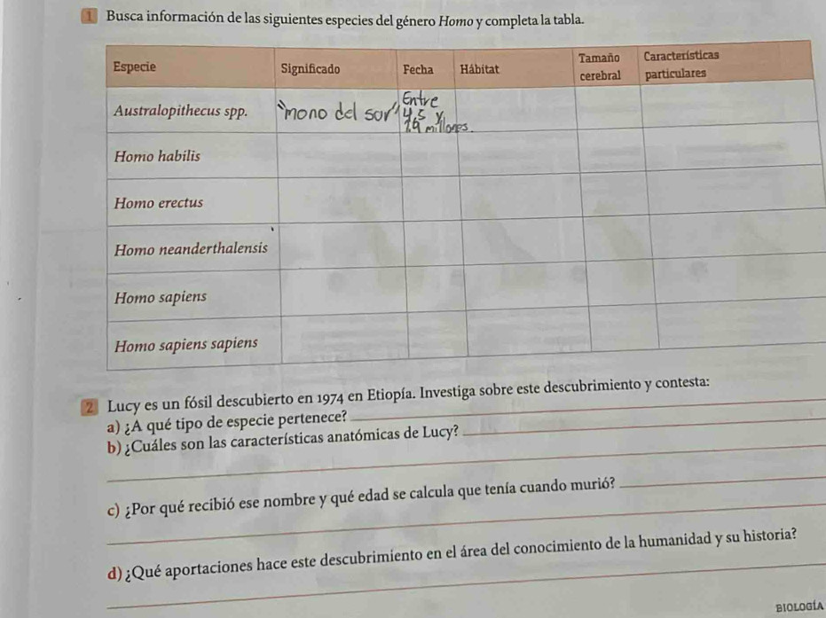 Busca información de las siguientes especies del género Homo y completa la tabla. 
2 Lucy es un fósil descubierto en 1974 en Etiopía. Investiga sobre este descubrimiento y contesta: 
a) ¿A qué tipo de especie pertenece?_ 
_b) ¿Cuáles son las características anatómicas de Lucy? 
_c) ¿Por qué recibió ese nombre y qué edad se calcula que tenía cuando murió? 
_ 
_ 
d) ¿Qué aportaciones hace este descubrimiento en el área del conocimiento de la humanidad y su historia? 
BiOlOGíA