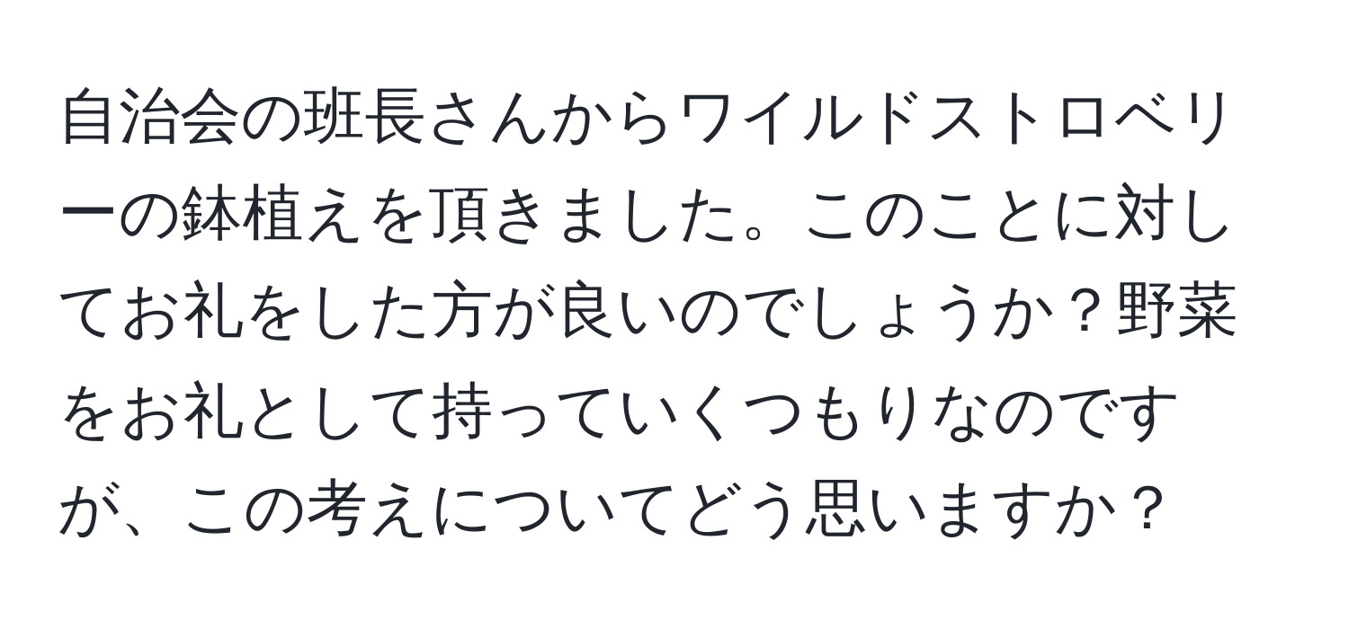 自治会の班長さんからワイルドストロベリーの鉢植えを頂きました。このことに対してお礼をした方が良いのでしょうか？野菜をお礼として持っていくつもりなのですが、この考えについてどう思いますか？