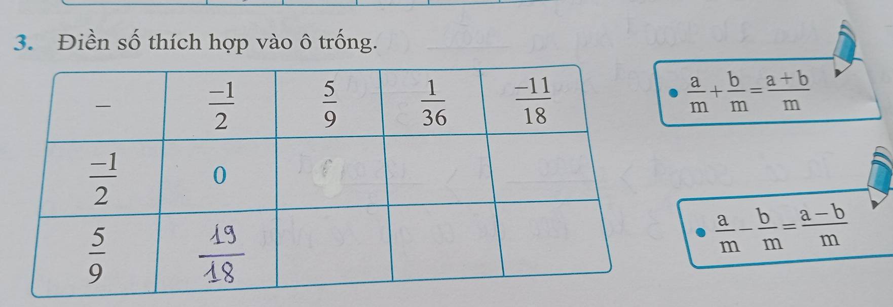 Điền số thích hợp vào ô trống.
 a/m + b/m = (a+b)/m 
 a/m - b/m = (a-b)/m 