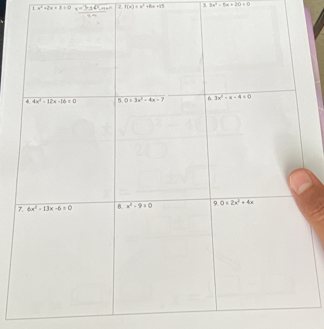 x^2+2x+3=0 2. f(x)=x^2+8x+15 3. 3x^2-5x+20=0