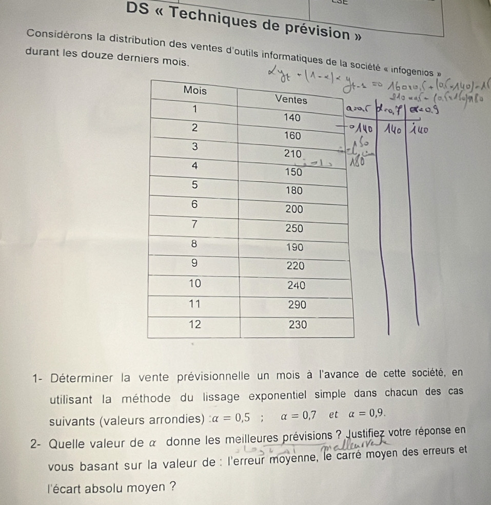 Considéronsn des ventes d'outils informatiques de la société « infogenios » 
durant les douze derniers mois. 
1- Déterminer la vente prévisionnelle un mois à l'avance de cette société, en 
utilisant la méthode du lissage exponentiel simple dans chacun des cas 
suivants (valeurs arrondies) : alpha =0,5; alpha =0,7 et alpha =0,9. 
2- Quelle valeur de α donne les meilleures prévisions ? Justifiez votre réponse en 
vous basant sur la valeur de : l'erreur moyenne, le carré moyen des erreurs et 
l'écart absolu moyen ?