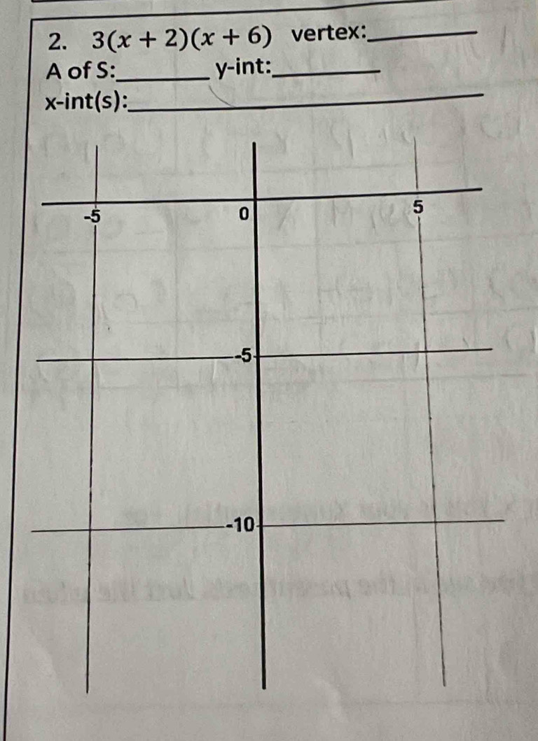 3(x+2)(x+6) vertex:_ 
A of S:_ y -int:_
x-int(s)
_