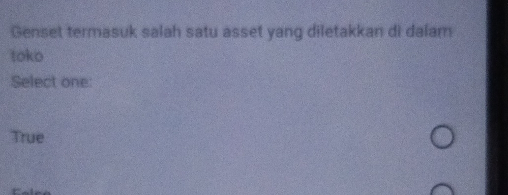 Genset termasuk salah satu asset yang diletakkan di dalam
toko
Select one:
True