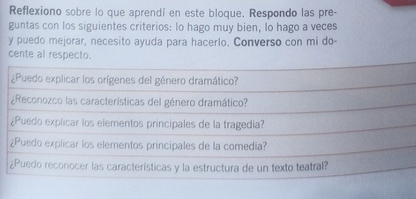 Reflexiono sobre lo que aprendí en este bloque. Respondo las pre-
guntas con los siguientes criterios: Io hago muy bien, Io hago a veces
y puedo mejorar, necesito ayuda para hacerlo. Converso con mi do-
cente al respecto.
¿Puedo explicar los orígenes del género dramático?
¿Reconozco las características del género dramático?
¿Puedo explicar los elementos principales de la tragedia?
¿Puedo explicar los elementos principales de la comedia?
¿Puedo reconocer las características y la estructura de un texto teatral?