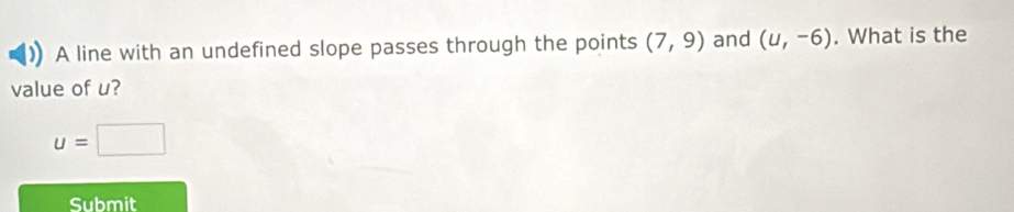 A line with an undefined slope passes through the points (7,9) and (u,-6). What is the 
value of u?
u=□
Submit