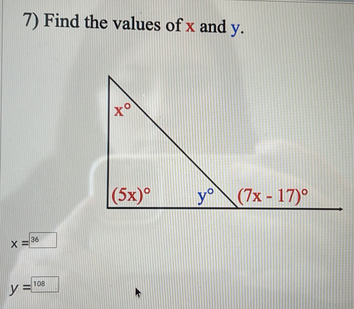 Find the values of x and y.
x=36
y= 108