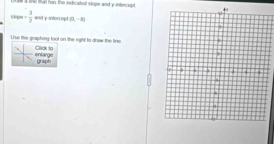 Draw a line that has the indicated slope and y-intercept. 
slope = 3/2  and y-intercept (0,-8)
Use the graphing tool on the right to draw the line. 
Click to 
enlarge 
graph