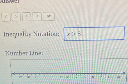 Answer
or 
Inequality Notation: x>8
Number Line: