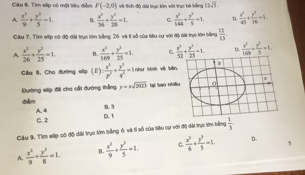 Tìm elip có một tiêu điểm F(-2;0) và tích độ dài trục lớn với trục bé bằng 12sqrt(5).
A.  x^2/9 + y^2/5 =1.  x^2/36 + y^2/20 =1. C.  x^2/144 + y^2/5 =1. D.  x^2/45 + y^2/16 =1.
B.
Câu 7. Tìm elip có độ dài trục lớn bằng 26 và tỉ số của tiêu cự với độ dài trục lớn bằng  12/13 .
A.  x^2/26 + y^2/25 =1. B.  x^2/169 + y^2/25 =1. C.  x^2/52 + y^2/25 =1. D.  x^2/169 + y^2/5 =1.
Câu 8. Cho đường elip (E):  x^2/p^2 + y^2/q^2 =1 như hình vẽ bên.
Đường elip đã cho cắt đường thẳng y=xsqrt(2023) tại bao nhiêu
điểm
B. 3
A. 4
C. 2 D. 1
Câu 9. Tìm elip có độ dài trục lớn bằng 6 và tỉ số của tiêu cự với độ dài trục lớn bằng  1/3 .
A.  x^2/9 + y^2/8 =1.
B.  x^2/9 + y^2/5 =1.
C.  x^2/6 + y^2/5 =1. D.
5