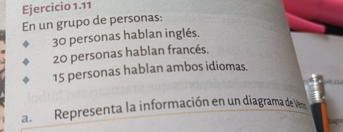 En un grupo de personas:
30 personas hablan inglés.
20 personas hablan francés.
15 personas hablan ambos idiomas. 
a. Representa la información en un diagrama de Venn. 
liagrar