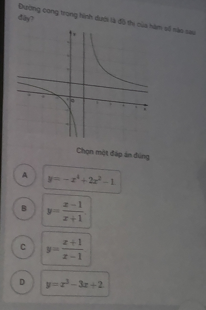 dây? Đường cong trong hình dưới là đô thị cm số nào sau
Chọn một đáp án đúng
A y=-x^4+2x^2-1.
B y= (x-1)/x+1 .
C y= (x+1)/x-1 
D y=x^3-3x+2