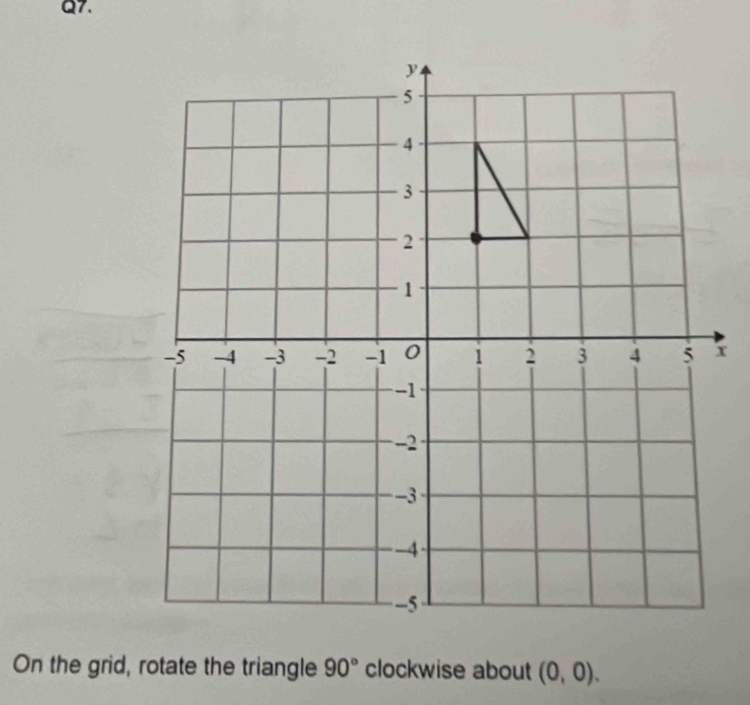 On the grid, rotate the triangle 90° clockwise about (0,0).