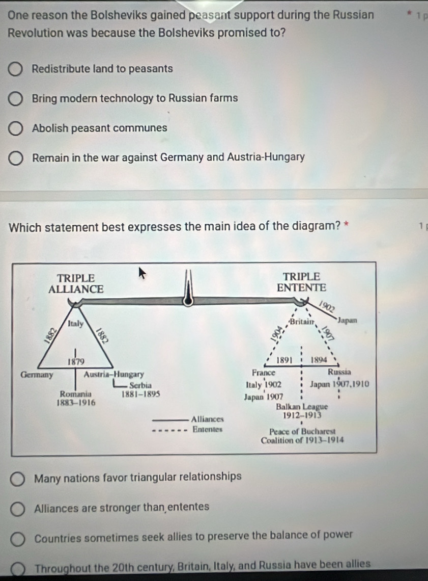 One reason the Bolsheviks gained peasant support during the Russian 1 p
Revolution was because the Bolsheviks promised to?
Redistribute land to peasants
Bring modern technology to Russian farms
Abolish peasant communes
Remain in the war against Germany and Austria-Hungary
Which statement best expresses the main idea of the diagram? * 1 
Many nations favor triangular relationships
Alliances are stronger than ententes
Countries sometimes seek allies to preserve the balance of power
Throughout the 20th century, Britain, Italy, and Russia have been allies