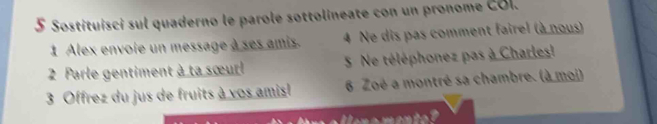 Sostituisci sul quaderno le parole sottolineate con un pronome COI. 
1 Alex envoie un message à ses amis. 4 Ne dis pas comment fairel (à nous) 
2 Parle gentiment à ta sœurl S Ne téléphonez pas à Charles! 
3 Offrez du jus de fruits à vos amisl 6 Zoé a montré sa chambre. (à moi)