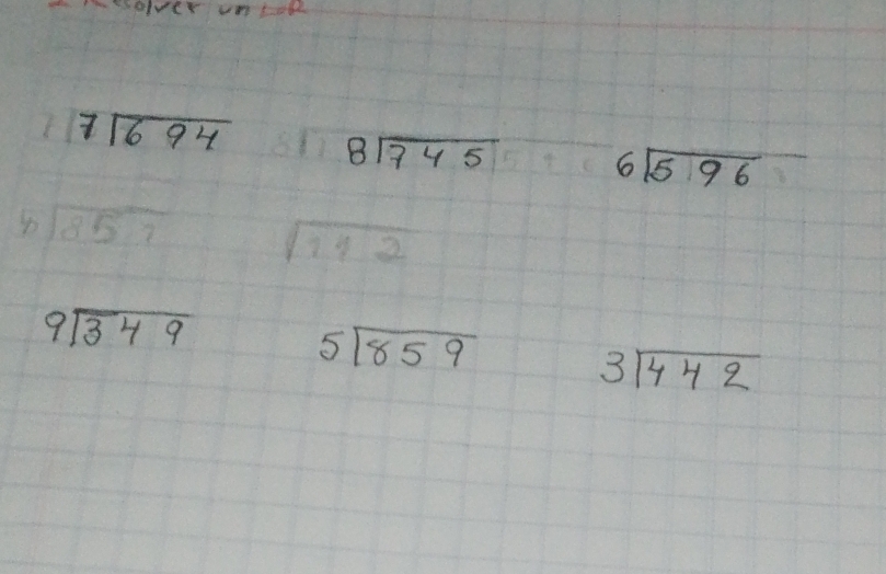 beginarrayr 7encloselongdiv 694endarray beginarrayr 8encloselongdiv 745endarray beginarrayr 6encloselongdiv 596endarray
beginarrayr  bencloselongdiv 857endarray sqrt(112)
beginarrayr 9encloselongdiv 349endarray
5sqrt(859)
3sqrt(442)