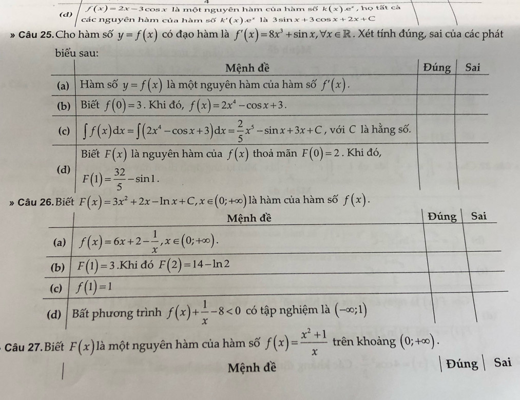 f(x)=2x-3
(d) cosx là một nguyên hàm của hàm số k(x).e^x , họ tất cả
các nguyên hàm của hàm số k'(x).e^x là 3sin x+3co s x+2x+C
» Câu 25.Cho hàm số y=f(x) có đạo hàm là f'(x)=8x^3+sin x,forall x∈ R. Xét tính đúng, sai của các phát
» Câu 26.Biết F(x)=3x^2+2x-ln x+C,x∈ (0;+∈fty ) là hàm của hàm số f(x).
Câu 27.Biết F(x) là một nguyên hàm của hàm số f(x)= (x^2+1)/x  trên khoảng (0;+∈fty ).
Mệnh đề
Đúng Sai