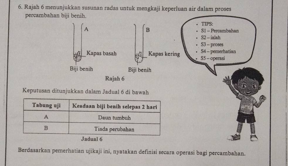 Rajah 6 menunjukkan susunan radas untuk mengkaji keperluan air dalam proses 
percambahan biji benih. 
TIPS: 
B 
A S1 - Percambahan 
S2 - ialah 
S3 - proses 
S4 - pemerhatian 
Kapas basah Kapas kering S5 - operasi 
Biji benih Biji benih 
Rajah 6 
Keputusan ditunjukkan dalam Jadual 6 di bawah 
Berdasarkan pemerhatian ujikaji ini, nyatakan definisi secara operasi bagi percambahan.