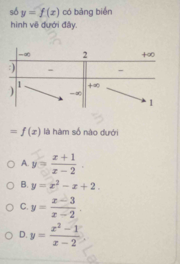 số y=f(x) có bảng biến
hình vẽ dưới đây.
=f(x) là hàm số nào dưới
A. y= (x+1)/x-2 .
B. y=x^2-x+2.
C. y= (x-3)/x-2 .
D. y= (x^2-1)/x-2 