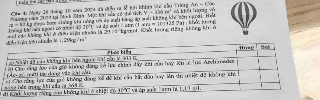 toàn thể các Bận trong
Cầu 4: Ngày 26 tháng 10 năm 2024 đã diễn ra lễ hội khinh khí cầu Tràng An-Cic
Phương năm 2024 tại Ninh Bình. Một khí cầu có thể tích V=336m^3 và khối lượng vỏ
m=82kg được bơm không khí nóng tới áp suất bằng áp suất không khí bên ngoài. Biết
không khí bên ngoài có nhiệt độ 30°C và áp suất 1 atm
mol của không khí ở điều kiện chuẩn là 29.10^(-3)kg/mol ol. Khối lượng riêng không khí ở (1atm=101325Pa); hi lượng
điều kiện tiêu chuẩn là 1,29kg/m^3