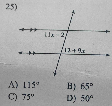 A) 115° B) 65°
C) 75° D) 50°