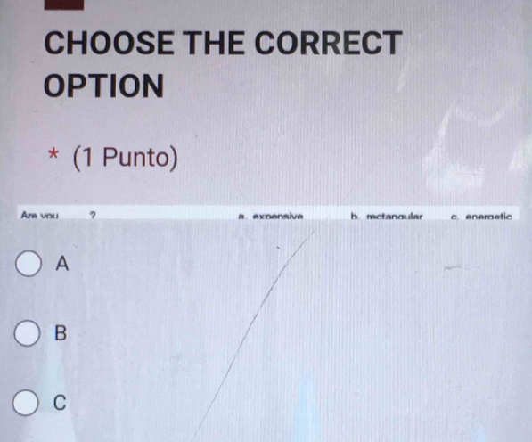 CHOOSE THE CORRECT
OPTION
* (1 Punto)
Are vou 7 a expensive b. rectangular c eneraetic
A
B
C