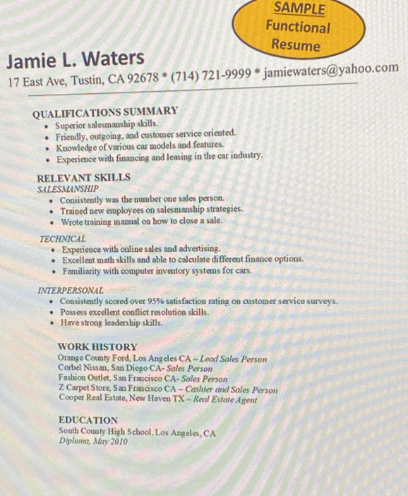 SAMPLE 
Jamie L. Waters
92678 *(714)721-9999^* jamiewaters@yahoo.com 
QUALIFICATIONS SUMMARY 
Superior salesmanship skills. 
Friendly, outgoing, and customer service oriented. 
Knowledge of various car models and features. 
Experience with financing and leasing in the car industry. 
RELEVANT SKILLS 
SALESMANSHIP 
Consistently was the number one sales person. 
Trained new employees on salesmanship strategies. 
Wrote training manual on how to close a sale. 
TECHNICAL 
Experience with online sales and advertising. 
Excellent math skills and able to calculate different finance options. 
Familiarity with computer inventory systems for cars. 
INTERPERSONAL 
Consistently scored over 95% satisfaction rating on customer service surveys. 
Possess excellent conflict resolution skills. 
Have strong leadership skills 
WORK HISTORY 
Orange County Ford, Los Angeles CA = Lead Soles Person 
Corbel Nissan, San Diego CA- Sales Person 
Fashion Outlet, San Francisco CA- Sales Person 
Z Carpet Store, San Francisco CA - Cashier and Soles Person 
Cooper Real Estate, New Haven TX - Real Estate Agent 
EDUCATION 
South County High School, Los Angeles, CA 
Diploma, May 2010