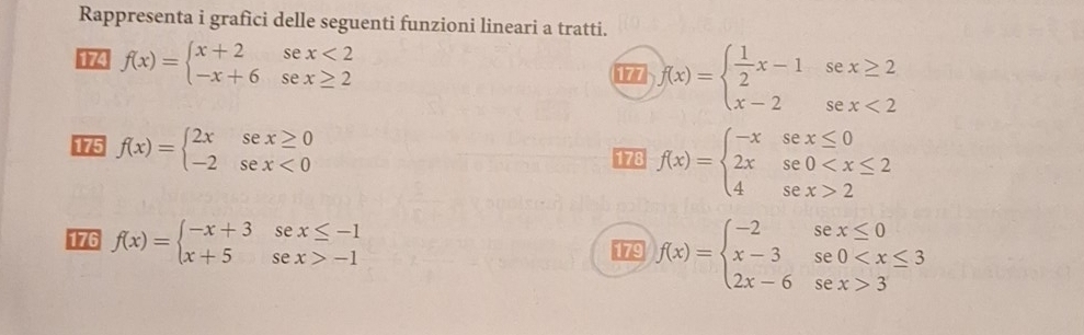 Rappresenta i grafici delle seguenti funzioni lineari a tratti. 
i74 f(x)=beginarrayl x+2sec x<2 -x+6sec x≥ 2endarray. i brar f(x)=beginarrayl  1/2 x-1sec x≥ 2 x-2sec x<2endarray.
175 f(x)=beginarrayl 2xsex≥ 0 -2sex<0endarray. 178 f(x)=beginarrayl -xsex≤ 0 2xse0 2endarray.
176 f(x)=beginarrayl -x+3sex≤ -1 x+5sex>-1endarray. 179 f(x)=beginarrayl -2sex≤ 0 x-3se0 3endarray.