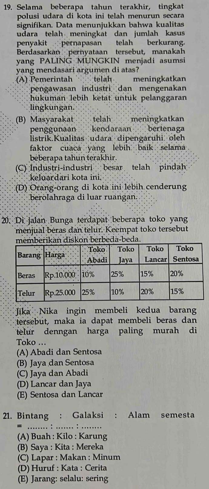 Selama beberapa tahun terakhir, tingkat
polusi udara di kota ini telah menurun secara
signifikan. Data menunjukkan bahwa kualitas
udara telah meningkat dan jumlah kasus
penyakit pernapasan telah berkurang.
Berdasarkan pernyataan tersebut, manakah
yang PALING MUNGKIN menjadi asumsi
yang mendasari argumen di atas?
(A) Pemerintah telah meningkatkan
pengawasan industri dan mengenakan
hüküman lebih ketät üntük pelanggaran
lingkungan.
(B) Masyarakat telah meningkatkan
penggunaan kendaraan bertenaga
listrik.Kualitas udara dipengaruhi oleh
faktor cuaca yang lebih baik selam
beberapa tahun terakhir.
C)  Industri-industri  besar telah pindah
keluardari kota ini
(D) Orang-örang di kota ini lebih cenderung
berolahraga di luar ruangan.
20. Di jalan Bunga terdapat beberapa toko yang
ménjual bėras dan telur. Keempat toko tersebut
memberikan diskon berbeda-beda.
Jika Nika ingin membeli kedua baran
tersebut, maka ia dapat membeli beras dan
telur denngan harga paling murah di
Toko ...
(A) Abadi dan Sentosa
(B) Jaya dan Sentosa
(C) Jaya dan Abadi
(D) Lancar dan Jaya
(E) Sentosa dan Lancar
21. Bintang : Galaksi ： Alam semesta
= ........ ： ....... ： …_
(A) Buah : Kilo : Karung
(B) Saya : Kita : Mereka
(C) Lapar : Makan : Minum
(D) Huruf : Kata : Cerita
(E) Jarang: selalu: sering