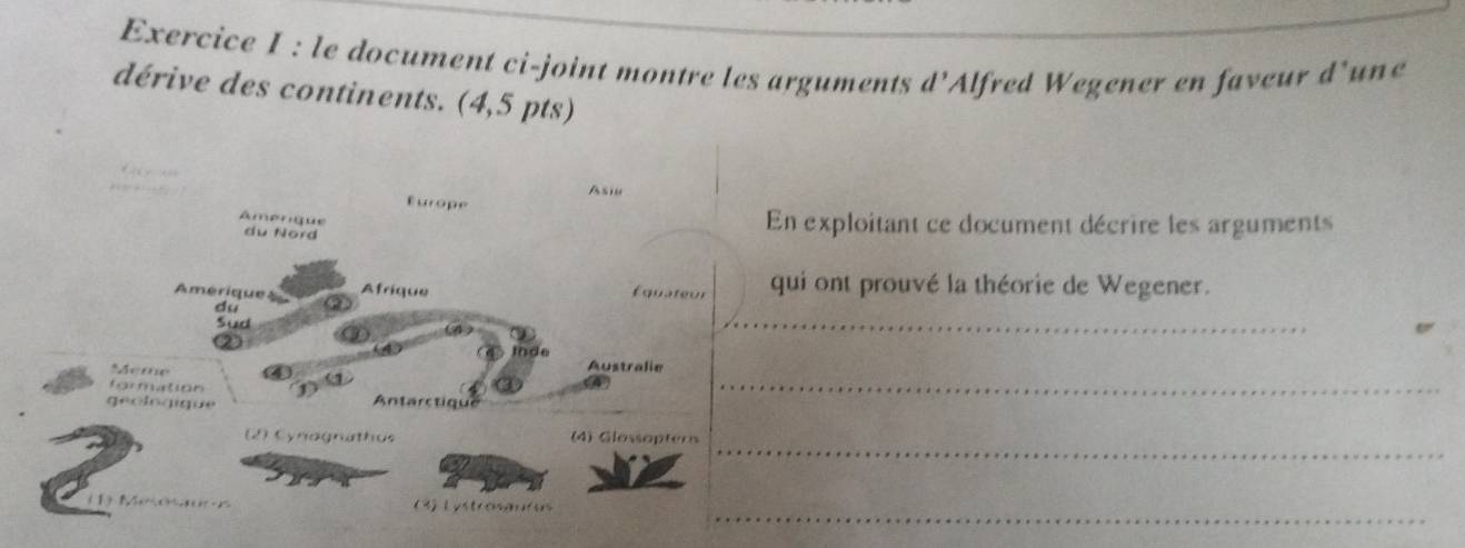 le document ci-joint montre les arguments d' Alfred Wegener en faveur d'une 
dérive des continents. (4,5 pts) 
exploitant ce document décrire les arguments 
ui ont prouvé la théorie de Wegener.