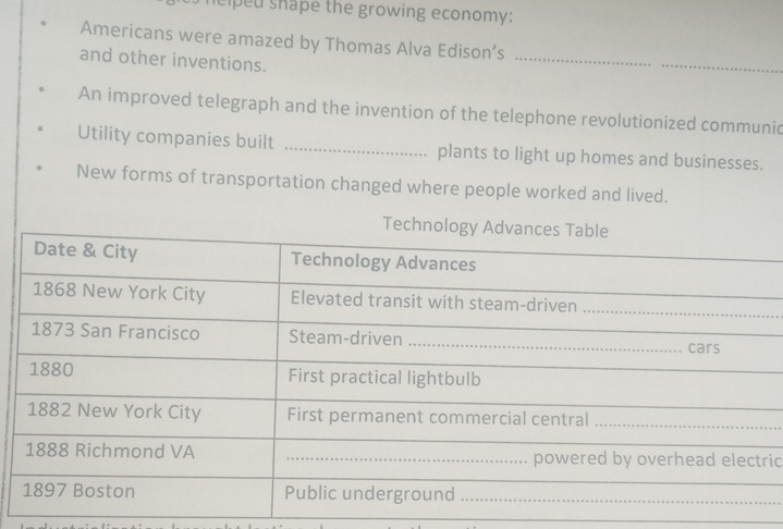 lelped shape the growing economy: 
Americans were amazed by Thomas Alva Edison’s 
and other inventions. 
_ 
_ 
An improved telegraph and the invention of the telephone revolutionized communic 
Utility companies built _plants to light up homes and businesses. 
New forms of transportation changed where people worked and lived. 
ic