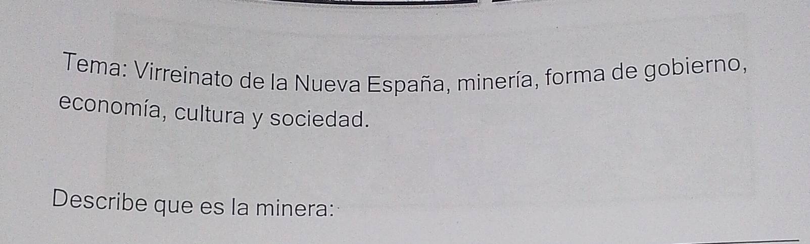 Tema: Virreinato de la Nueva España, minería, forma de gobierno, 
economía, cultura y sociedad. 
Describe que es la minera: