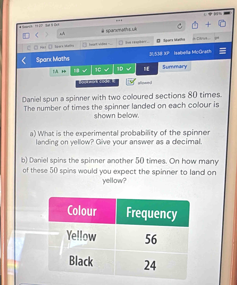 Search 11:27 Sat 5 Oct 95% 
.. . + 
I AA sparxmaths.uk 
Haz Sparx Maths heart video -... live raspberr... Sparx Maths :h Citrus. 
,. ge 
Sparx Maths 31,538 XP Isabella McGrath 
1A 1B 1C 1D 1E Summary 
Bookwork code: IE allowed 
Daniel spun a spinner with two coloured sections 80 times. 
The number of times the spinner landed on each colour is 
shown below. 
a) What is the experimental probability of the spinner 
landing on yellow? Give your answer as a decimal. 
b) Daniel spins the spinner another 50 times. On how many 
of these 50 spins would you expect the spinner to land on 
yellow?