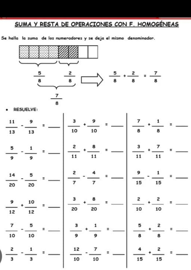 SUMA Y RESTA DE OPERACIONES CON F. HOMOGÉNEAS
Se halla la suma de los numeradores y se deja el mismo denominador.
 5/8 + 2/8 = 7/8 . RESUELVE:
 11/13 - 9/13 = _  3/10 + 9/10 = _  7/8 + 1/8 = beginpmatrix □  □  _ _ 
 5/9 - 1/9 = _  _  2/11 + 8/11 = _  3/11 + 7/11 = _ -
 14/20 - 5/20 = _  2/7 - 4/7 = _  9/15 - 1/15 =_  _
 9/12 + 10/12 = _  3/20 + 8/20 = _  2/10 + 2/10 = _ _ 
 7/10 - 5/10 = _  3/9 + 1/9 = _  5/8 + 2/8 = _
 2/3 - 1/3 = _  12/10 - 7/10 = _  4/15 + 2/15 = _